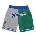 Custom Name and Number Basketball Shorts - Gray Royal-Kelly Green Authentic Throwback Split Design Personalized Gray Royal-Kelly