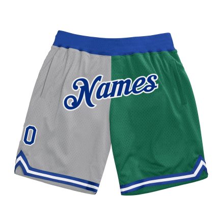 Custom Name and Number Basketball Shorts - Gray Royal-Kelly Green Authentic Throwback Split Design Personalized Gray Royal-Kelly