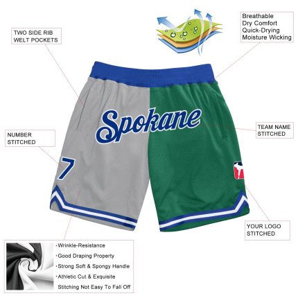 Custom Name and Number Basketball Shorts - Gray Royal-Kelly Green Authentic Throwback Split Design Personalized Gray Royal-Kelly