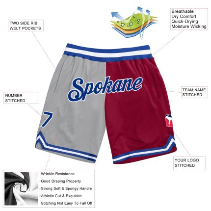 Custom Name and Number Basketball Shorts - Personalized Gray and Royal Maroon Split Design Authentic Fashion Personalized