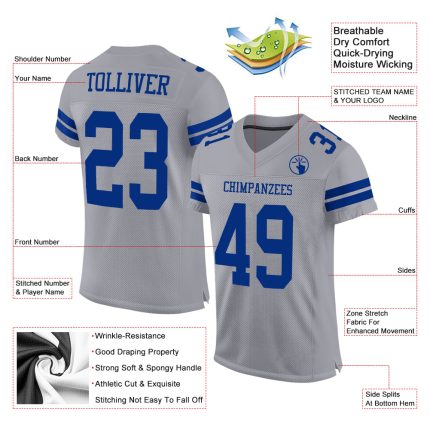 Custom Name Number Gray Royal Mesh Authentic Football Jersey Personalized Team Personalized Gray Royal Mesh Authentic Football
