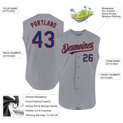 Personalized Gray Royal and Orange Sleeveless Baseball Jersey for Men Personalized Gray Royal-Orange Authentic Sleeveless