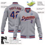 Customizable Varsity Letterman Jacket with Team Name and Number - Gray Royal-Orange Bomber Full-Snap Jacket Personalized