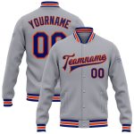 Customizable Varsity Letterman Jacket with Team Name and Number - Gray Royal-Orange Bomber Full-Snap Jacket Personalized