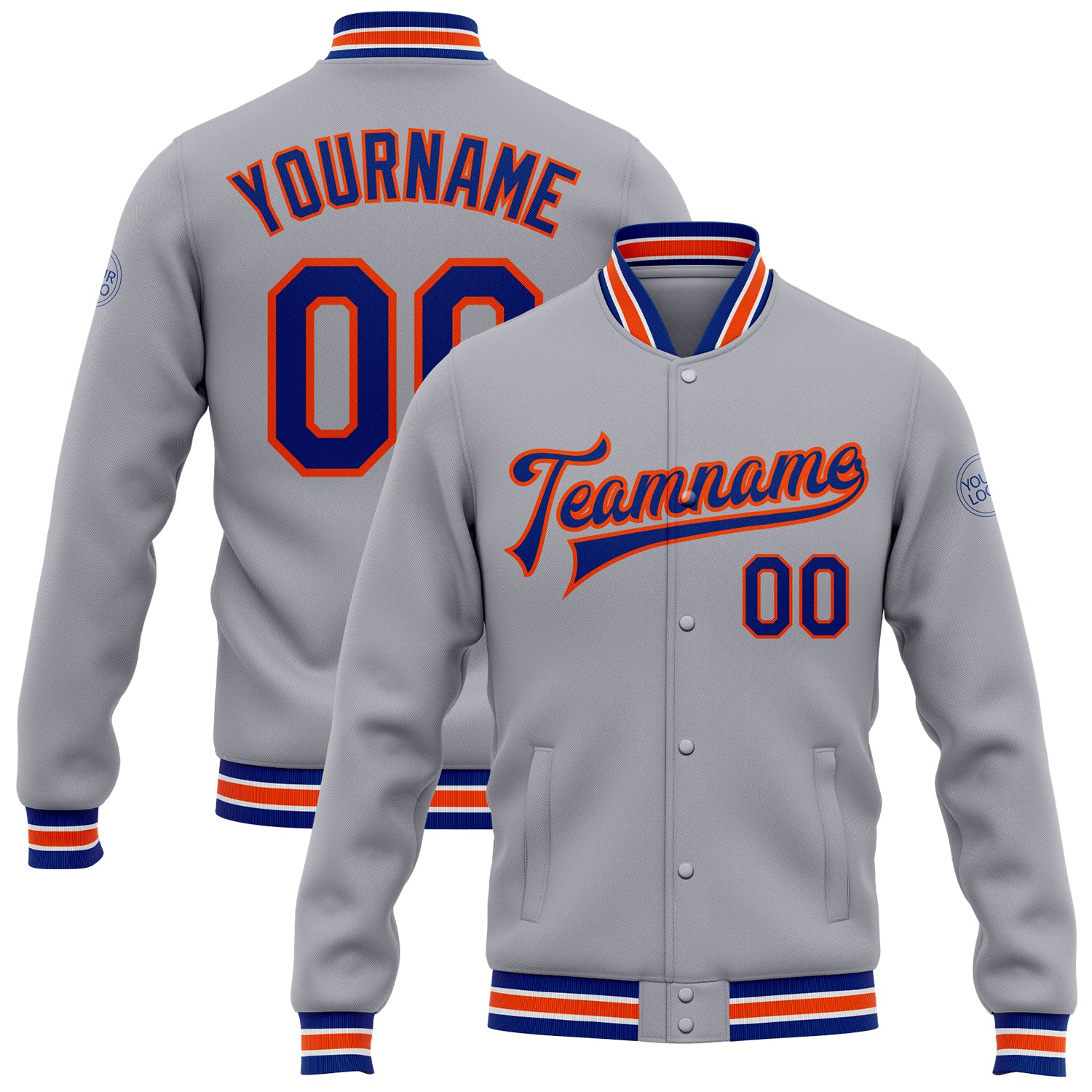 Customizable Varsity Letterman Jacket with Team Name and Number - Gray Royal-Orange Bomber Full-Snap Jacket Personalized