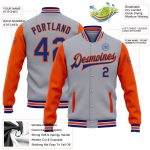 Custom Team Bomber Jacket with Personalized Name and Number - Gray Royal-Orange Two Tone Varsity Full-Snap Letterman Jacket