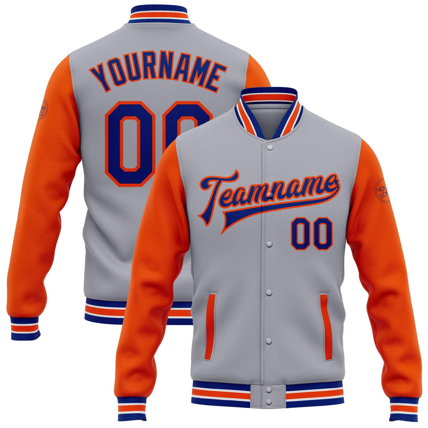 Custom Team Bomber Jacket with Personalized Name and Number - Gray Royal-Orange Two Tone Varsity Full-Snap Letterman Jacket