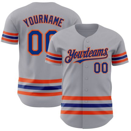 Custom Name & Number Personalized Gray Royal-Orange Line Baseball Jersey - Authentic Team Apparel Personalized Gray Royal-Orange