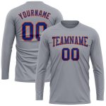 Custom Team Name and Number Long Sleeve Performance T-Shirt in Gray Royal-Orange Personalized Gray Royal-Orange Long Sleeve
