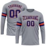 Custom Team Name and Number Long Sleeve Performance T-Shirt in Gray Royal-Orange Personalized Gray Royal-Orange Long Sleeve