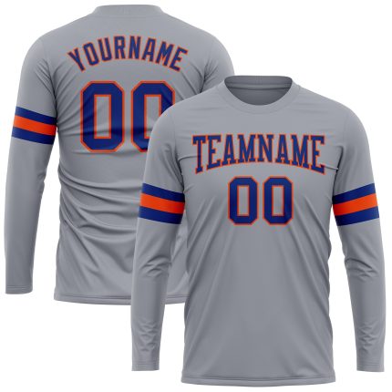 Custom Team Name and Number Long Sleeve Performance T-Shirt in Gray Royal-Orange Personalized Gray Royal-Orange Long Sleeve
