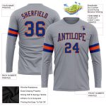 Custom Team Name and Number Long Sleeve Performance T-Shirt in Gray Royal-Orange Personalized Gray Royal-Orange Long Sleeve