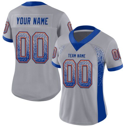 Custom Name and Number Gray Royal-Orange Mesh Football Jersey for Fashion Fans - Personalized Drift Style Team Jersey Personalized