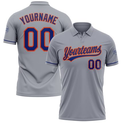 Custom Gray Orange Performance Vapor Golf Polo Shirt with Personalized Name and Number Personalized Gray Royal-Orange Performance