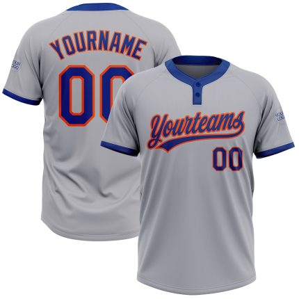 Custom Team Name and Number Personalized Gray Orange Unisex Softball Jersey - Two-Button Design Personalized Gray Royal-Orange