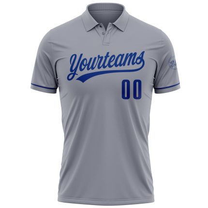Custom Name and Number Gray Royal Performance Vapor Golf Polo Shirt - Personalized Team Apparel Personalized Gray Royal Performance