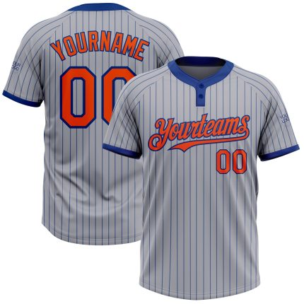 Custom Gray Pinstripe Orange Two-Button Unisex Softball Jersey Personalized Gray Royal Pinstripe Orange Two-Button Unisex