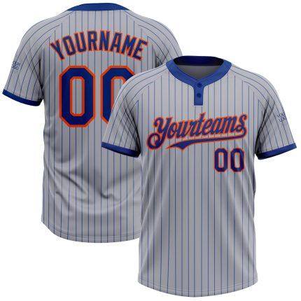 Custom Team Softball Jersey - Personalized Gray Royal Pinstripe Two-Button Unisex with Orange Name and Number Personalized