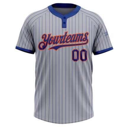 Custom Team Softball Jersey - Personalized Gray Royal Pinstripe Two-Button Unisex with Orange Name and Number Personalized