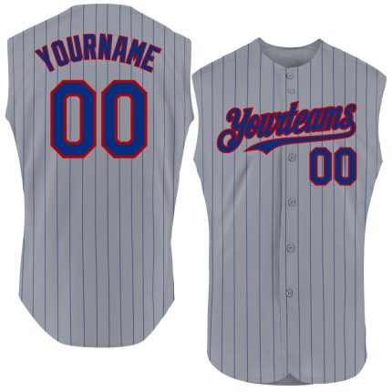 Custom Name and Number Gray Royal Pinstripe Red Authentic Sleeveless Baseball Jersey - Personalized Team Jersey Personalized