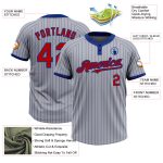 Custom Name and Number Unisex Softball Jersey - Personalized Gray Royal Pinstripe Red Two-Button Design Personalized Gray
