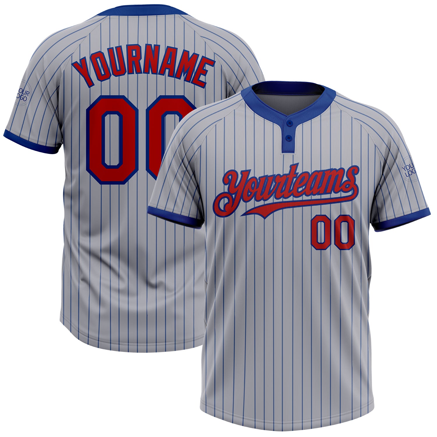 Custom Name and Number Unisex Softball Jersey - Personalized Gray Royal Pinstripe Red Two-Button Design Personalized Gray