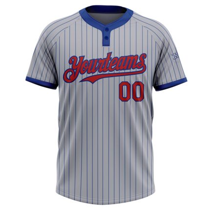 Custom Name and Number Unisex Softball Jersey - Personalized Gray Royal Pinstripe Red Two-Button Design Personalized Gray