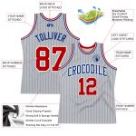 Custom gray, royal and red pinstripe basketball jersey, back view