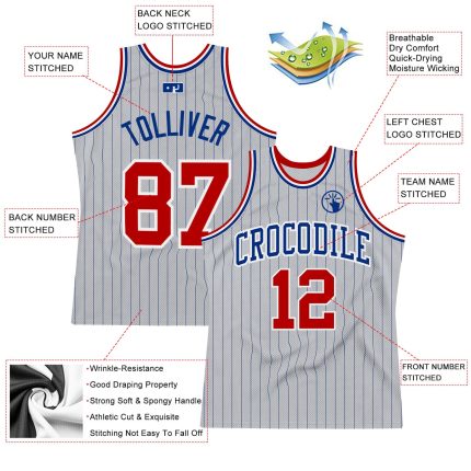 Personalized Authentic Basketball Jersey - Gray Royal Pinstripe Red-White Design Personalized Gray Royal Pinstripe Red-White