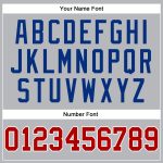 Custom gray, royal and red pinstripe basketball jersey, side view