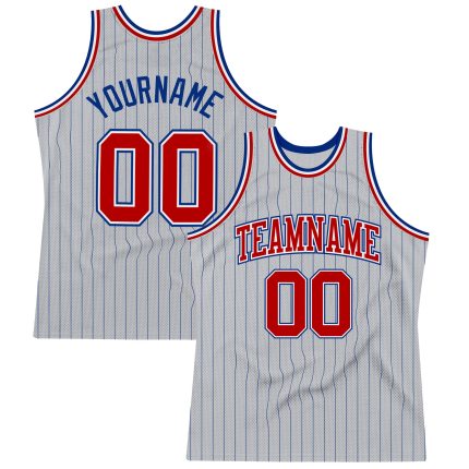 Custom Name Number Basketball Jersey - Personalized Gray Royal Pinstripe Red-White Authentic Design Personalized Gray Royal