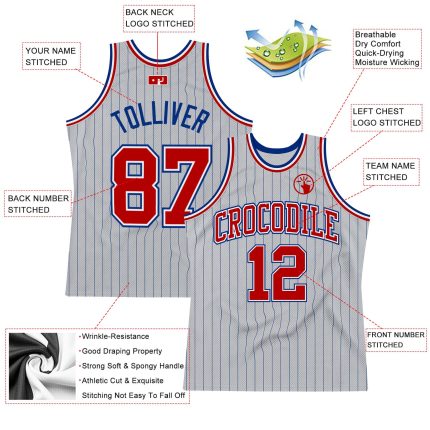 Custom Name Number Basketball Jersey - Personalized Gray Royal Pinstripe Red-White Authentic Design Personalized Gray Royal