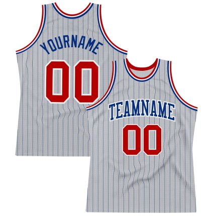 Personalized Authentic Basketball Jersey - Gray Royal Pinstripe Red-White Design Personalized Gray Royal Pinstripe Red-White