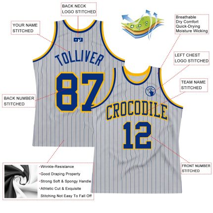 Custom Royal-Gold Pinstripe Basketball Jersey with Personalized Name & Number - Authentic Gray Team Apparel Personalized