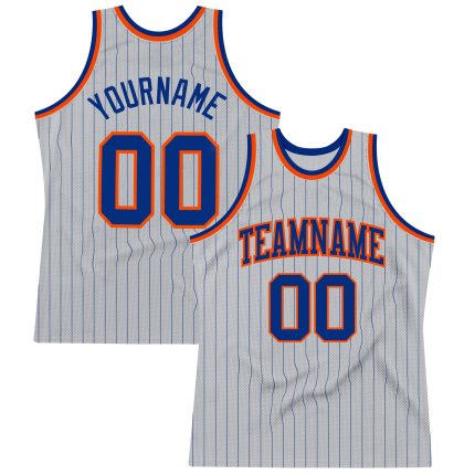 Custom Team Basketball Jersey with Personalized Name and Number - Gray Royal Pinstripe Orange Authentic Design Personalized