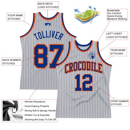 Custom Team Basketball Jersey with Personalized Name and Number - Gray Royal Pinstripe Orange Authentic Design Personalized