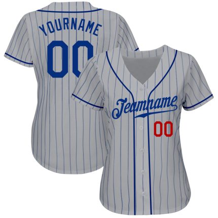 Custom Name & Number Gray Pinstripe Baseball Jersey - Authentic Royal-Red Team Jersey Personalized Gray Royal Pinstripe Royal-Red
