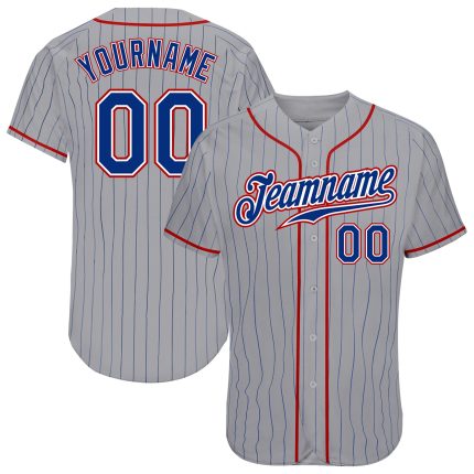 Personalized Gray Royal Pinstripe Baseball Jersey - Authentic Royal-Red Design Personalized Gray Royal Pinstripe Royal-Red