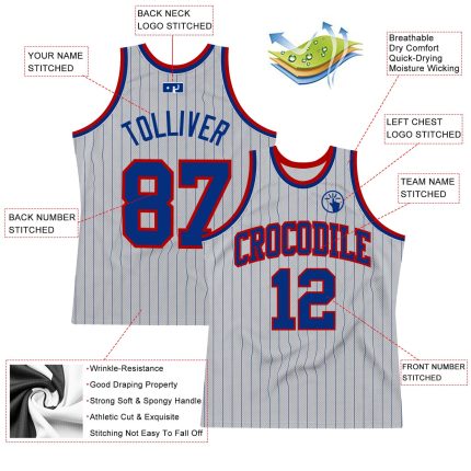 Custom Name and Number Authentic Basketball Jersey - Personalized Gray Royal Pinstripe with Royal-Red Details Personalized