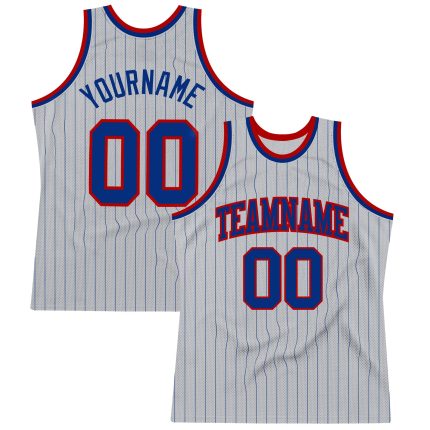 Custom Name and Number Authentic Basketball Jersey - Personalized Gray Royal Pinstripe with Royal-Red Details Personalized