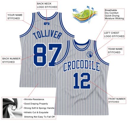 Custom Name and Number Basketball Jersey - Personalized Gray Royal Pinstripe Royal-White Design Personalized Gray Royal Pinstripe