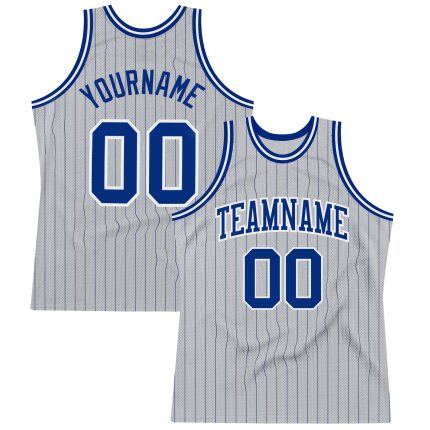 Custom Name and Number Basketball Jersey - Personalized Gray Royal Pinstripe Royal-White Design Personalized Gray Royal Pinstripe