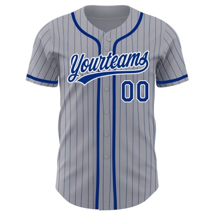 Custom Name and Number Authentic Baseball Jersey - Personalized Gray Royal Pinstripe Design Personalized Gray Royal Pinstripe