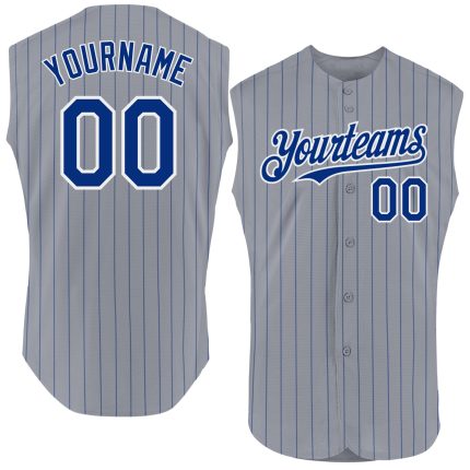 Custom Name and Number Baseball Jersey - Personalized Gray Royal Pinstripe Sleeveless Authentic Design Personalized Gray