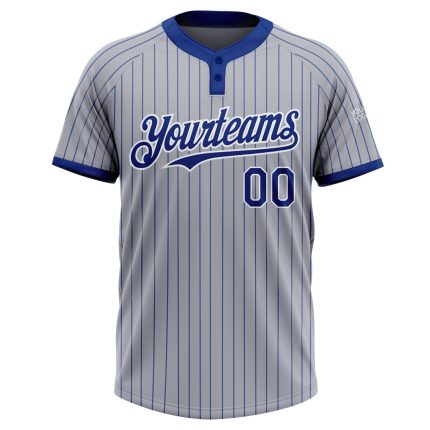 Custom Name and Number Unisex Softball Jersey - Personalized Gray Royal Pinstripe Two-Button Design Personalized Gray Royal