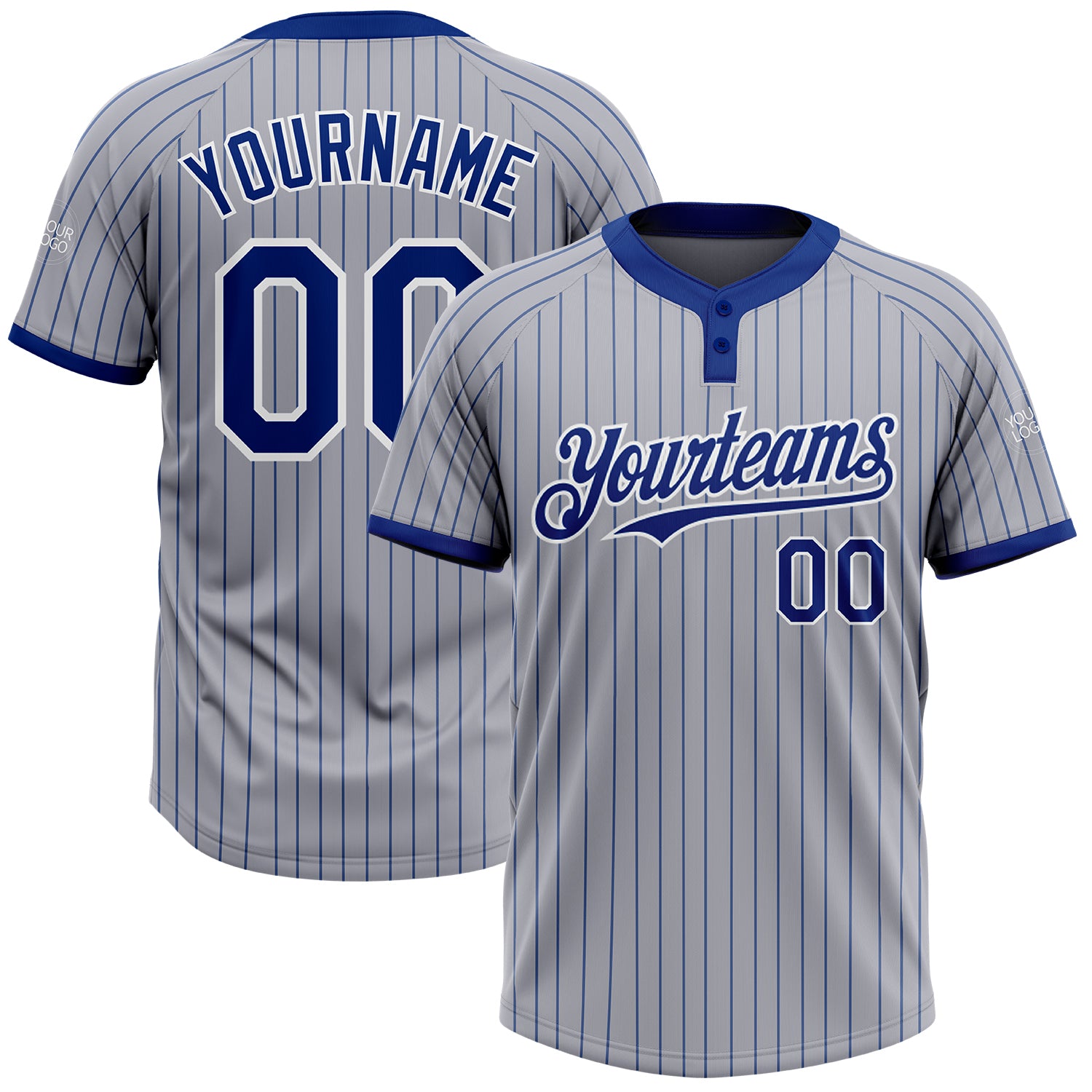 Custom Name and Number Unisex Softball Jersey - Personalized Gray Royal Pinstripe Two-Button Design Personalized Gray Royal