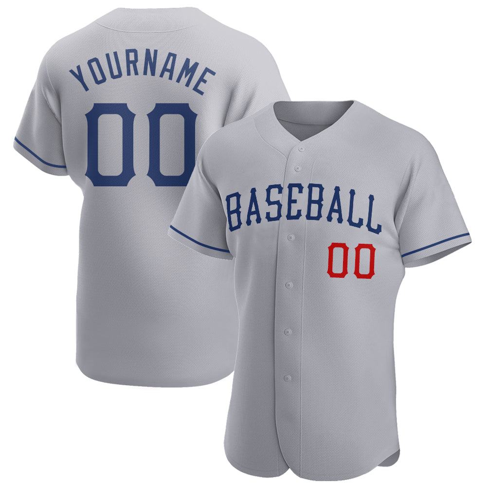 Personalized Authentic Baseball Jersey in Gray and Royal-Red Color Personalized Gray Royal-Red Authentic Baseball Jersey