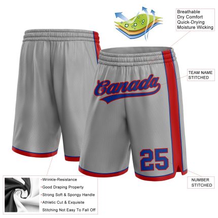 Custom Personalized Basketball Shorts with Team Name and Number in Gray and Royal Red Personalized Gray Royal-Red Authentic