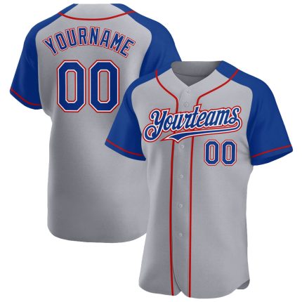 Personalized Gray Red Baseball Jersey with Authentic Raglan Sleeves Personalized Gray Royal-Red Authentic Raglan Sleeves