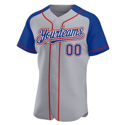 Personalized Gray Red Baseball Jersey with Authentic Raglan Sleeves Personalized Gray Royal-Red Authentic Raglan Sleeves